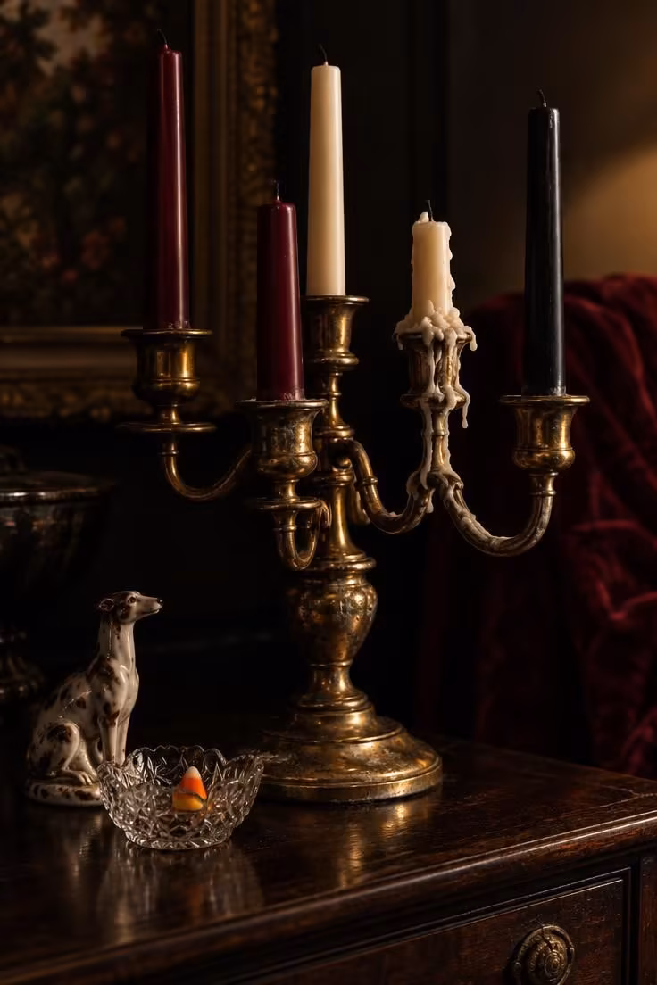 10 Eclectic Halloween Decor Ideas for a Wonderfully Odd Home 2 Tarnished brass candelabra on a dark wood sideboard with mismatched oxblood, cream, and black taper candles and faux wax drips on one arm.