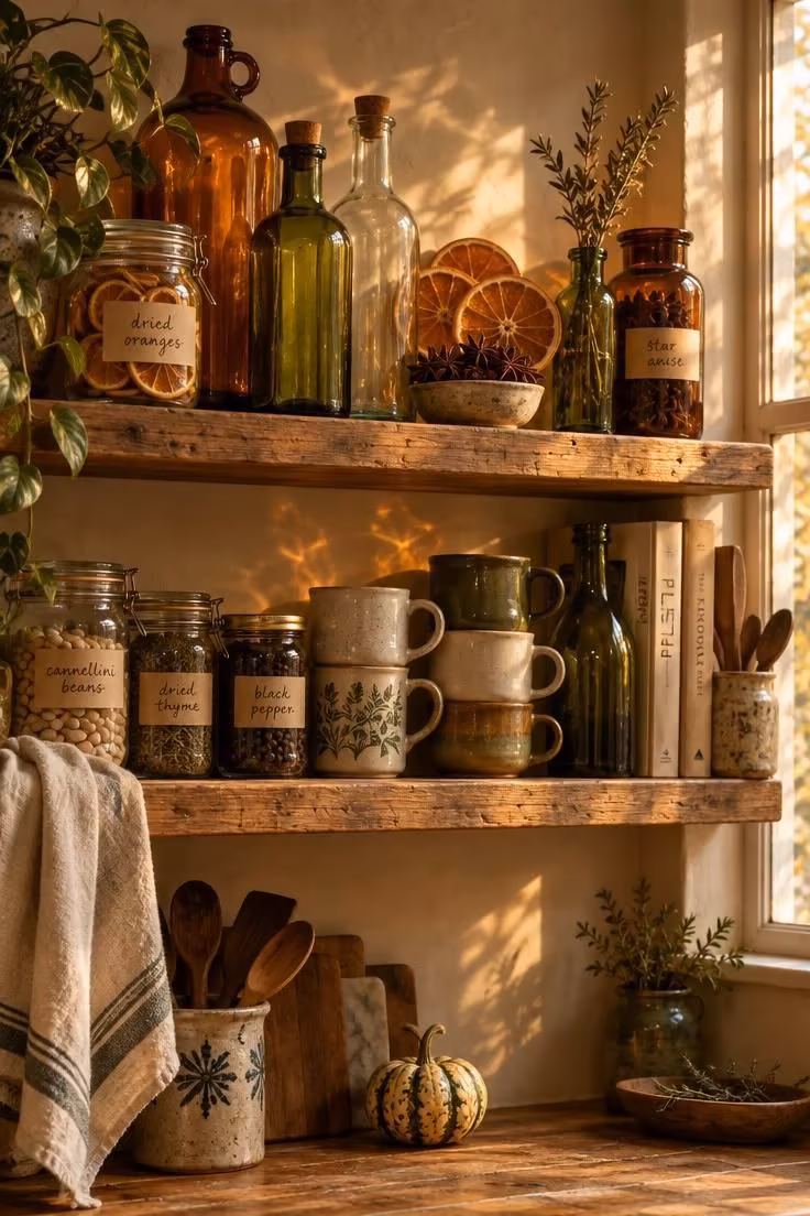 10 Eclectic Halloween Decor Ideas for a Wonderfully Odd Home 3 Open kitchen shelving with amber, green, and clear glass bottles labeled by hand, mixed among everyday jars and mugs with dried orange slices behind.