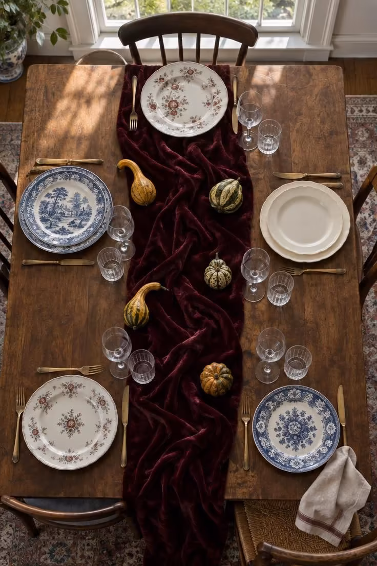 10 Eclectic Halloween Decor Ideas for a Wonderfully Odd Home 4 Dining table set with mismatched floral and transferware china, an oxblood velvet runner, brass flatware, and small gourds between settings.