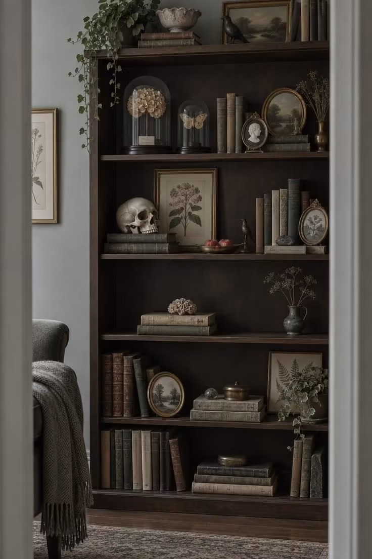 10 Eclectic Halloween Decor Ideas for a Wonderfully Odd Home 5 Tall bookshelf styled as a curiosity cabinet with glass cloches, cameo frames leaning on books, a plastic skull beside a botanical print, and a wax candy in a dish.