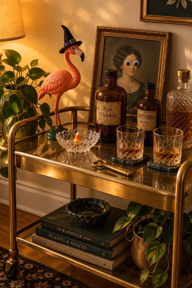 10 Eclectic Halloween Decor Ideas for a Wonderfully Odd Home 6 Brass bar cart with a crystal dish holding one candy corn, a plastic flamingo in a witch hat, amber bottles, and a googly-eyed framed portrait.