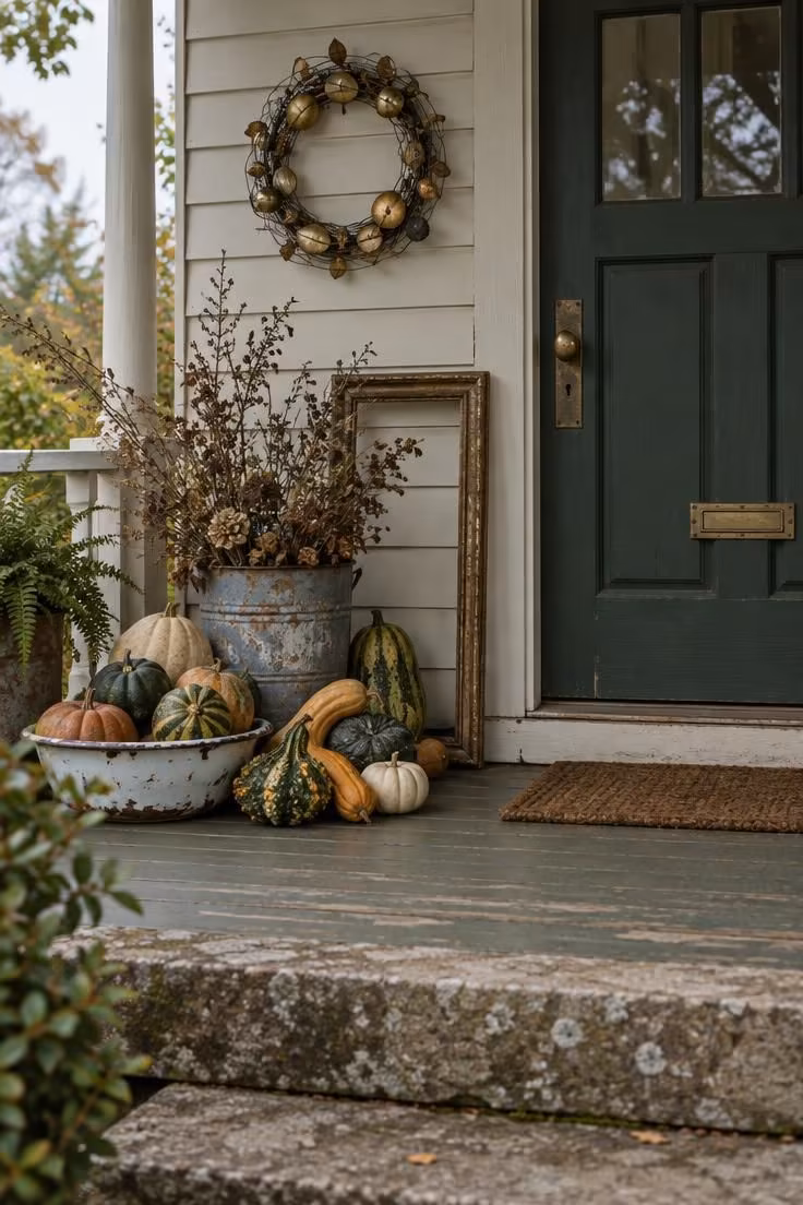 10 Eclectic Halloween Decor Ideas for a Wonderfully Odd Home 7 Covered porch with a mixed-metal wreath, real and faux gourds in a chipped enamel bowl and tin bucket of dried branches, and an empty vintage frame leaning by the door.