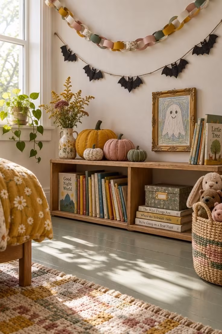 10 Eclectic Halloween Decor Ideas for a Wonderfully Odd Home 8 Child's bedroom corner with paper chain garlands, felt bats on jute twine, fabric pumpkins on a low shelf, and a crayon ghost drawing in a thrifted gilt frame.