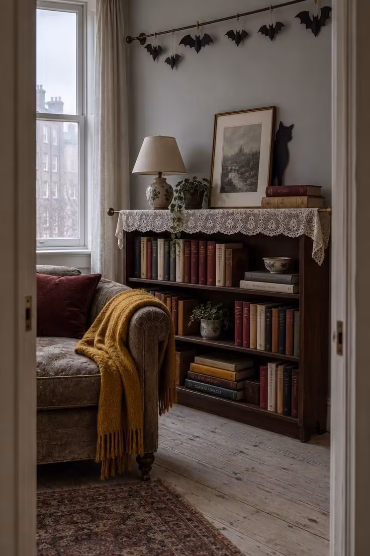 10 Eclectic Halloween Decor Ideas for a Wonderfully Odd Home 9 Small apartment living room with a lace runner on a tension rod across a bookshelf, clip-on bats on a curtain rod, and a paper silhouette behind a leaning framed print.