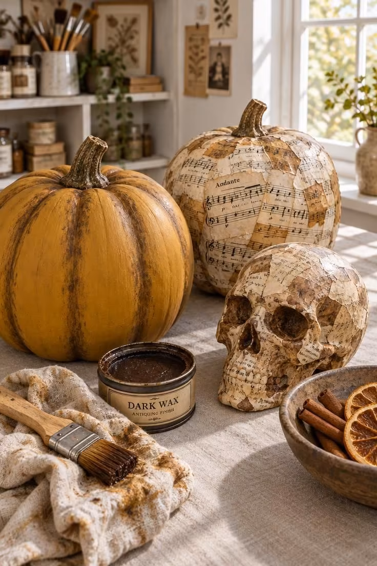 10 Eclectic Halloween Decor Ideas for a Wonderfully Odd Home 10 Craft table with a matte mustard painted pumpkin, another wrapped in torn sheet music, a papier-mâché skull, wax, a brush, and dried orange slices.