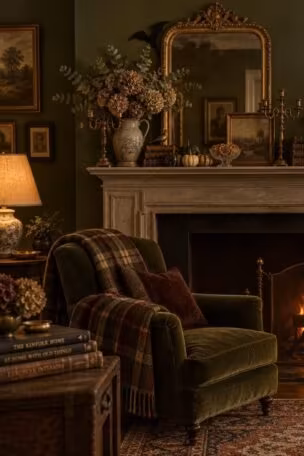 Cozy eclectic living room mantel layered with a brass candelabra holding flameless tapers, dried hydrangeas, a black bat behind a gilt mirror, gourds, and dried orange slices, with a velvet armchair and wool throw nearby.