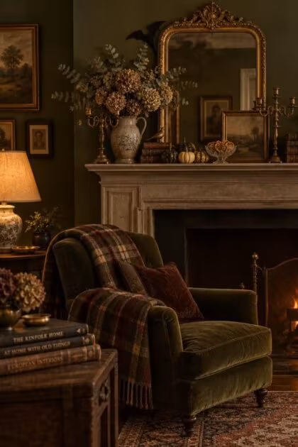 10 Eclectic Halloween Decor Ideas for a Wonderfully Odd Home Cozy eclectic living room mantel layered with a brass candelabra holding flameless tapers, dried hydrangeas, a black bat behind a gilt mirror, gourds, and dried orange slices, with a velvet armchair and wool throw nearby.