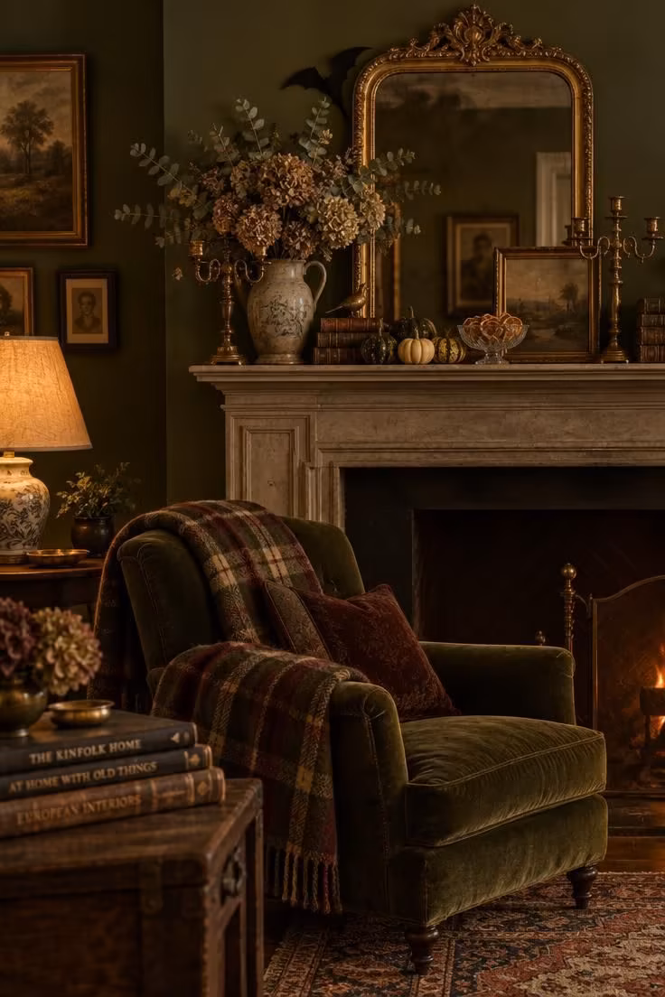 Simple Spaces 19 Cozy eclectic living room mantel layered with a brass candelabra holding flameless tapers, dried hydrangeas, a black bat behind a gilt mirror, gourds, and dried orange slices, with a velvet armchair and wool throw nearby.
