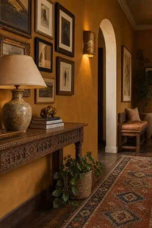 A warm eclectic hallway with a deep ochre gallery wall, carved console, mismatched frames, kilim runner, brass sconce, and a leather bench near a pale arch.
