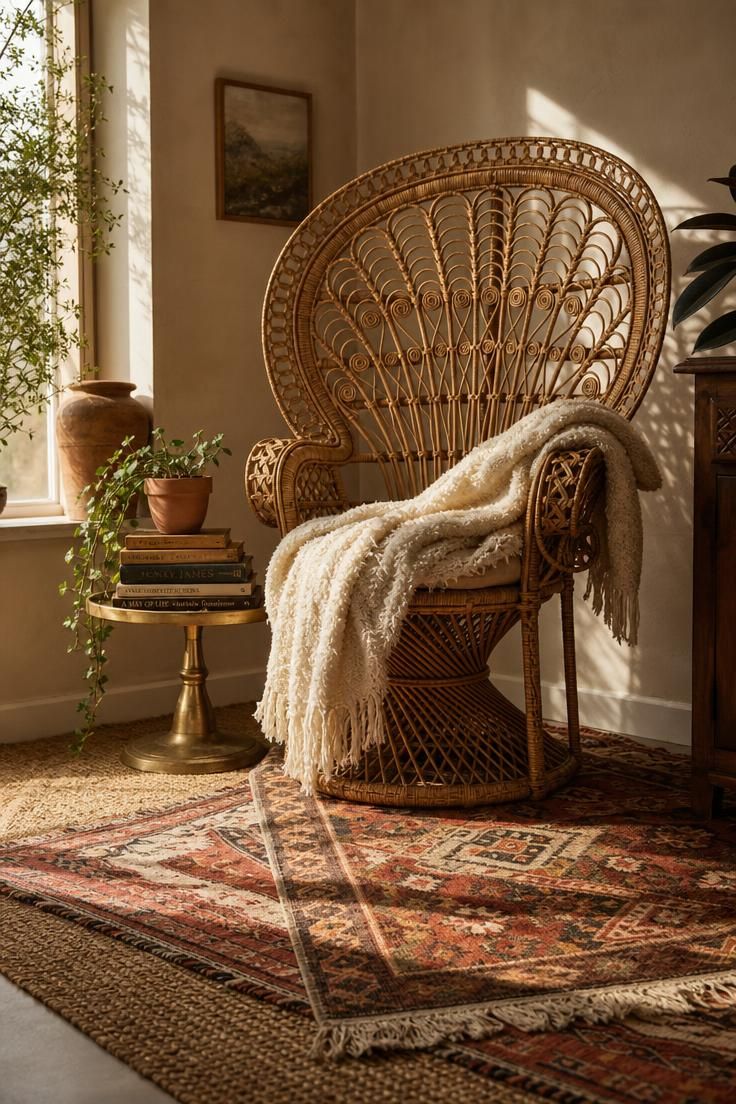 Rattan peacock chair beside a layered kilim and jute rug in a warm reading corner.