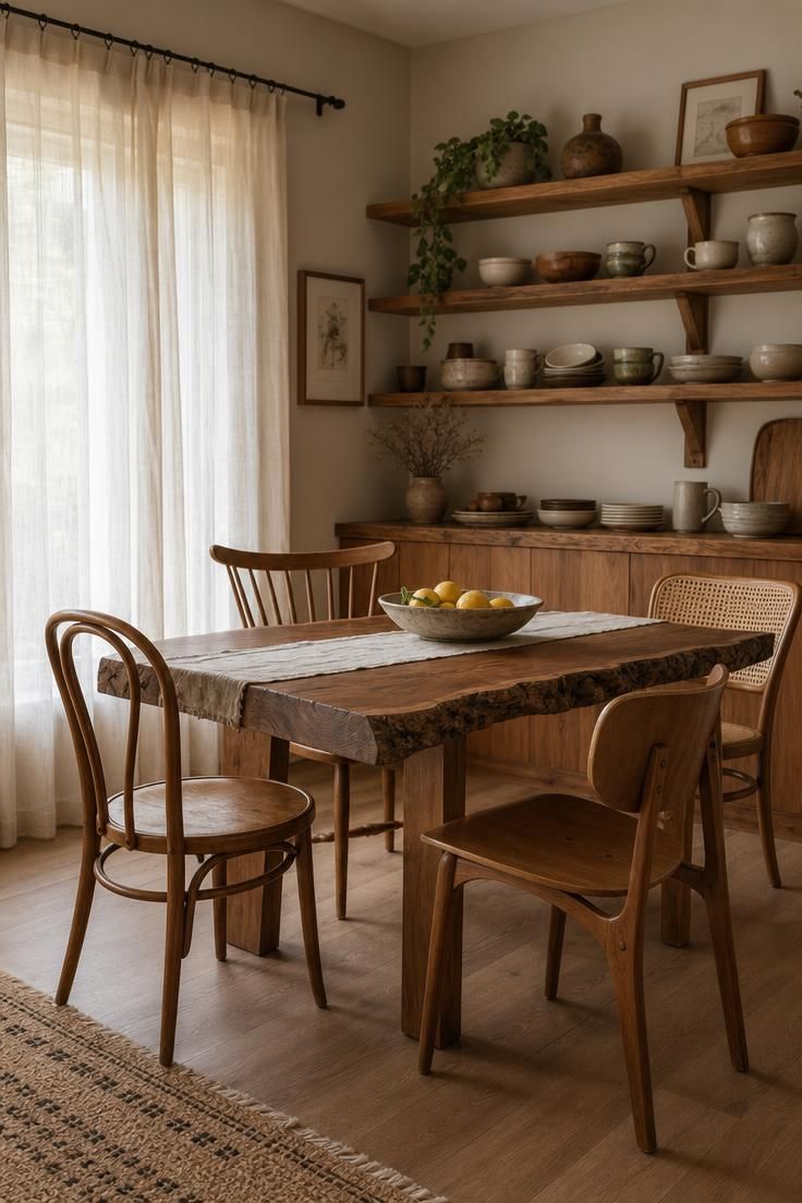 Live-edge walnut dining table surrounded by four mismatched wooden chairs.