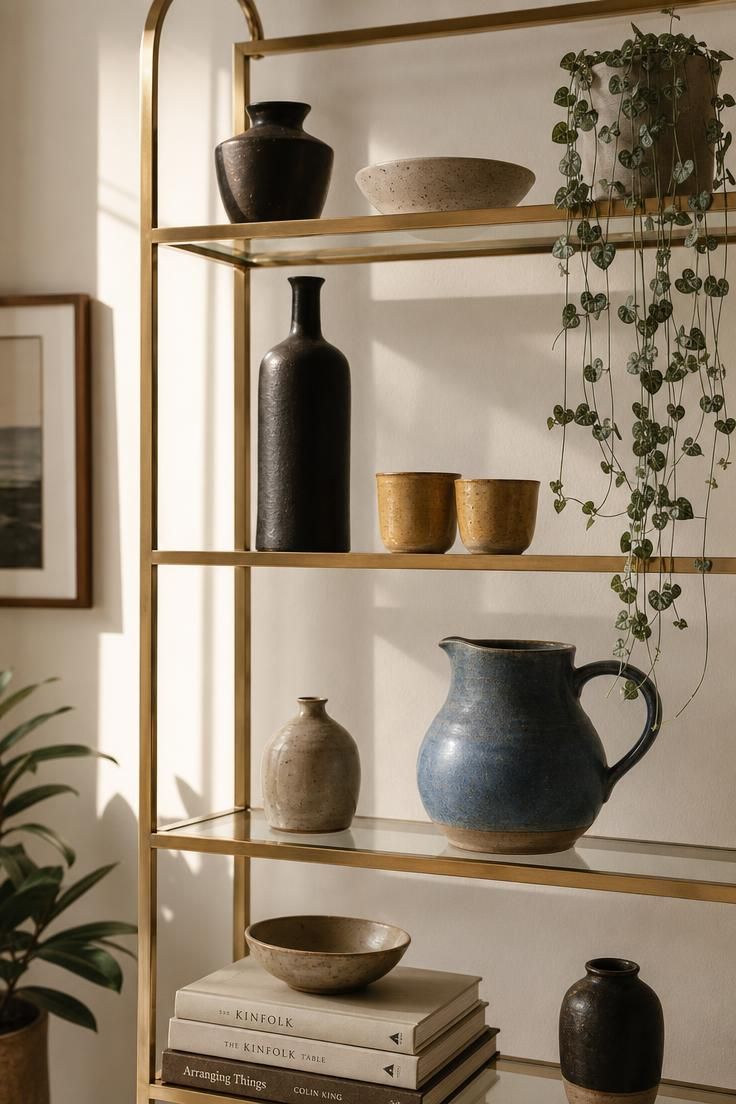 Open brass shelves styled with handmade ceramic vessels in odd-numbered groups.