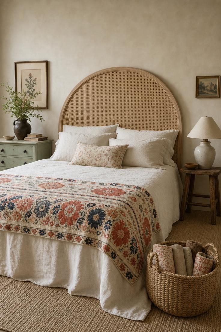 Cane headboard with a vintage Suzani throw folded across linen bedding.