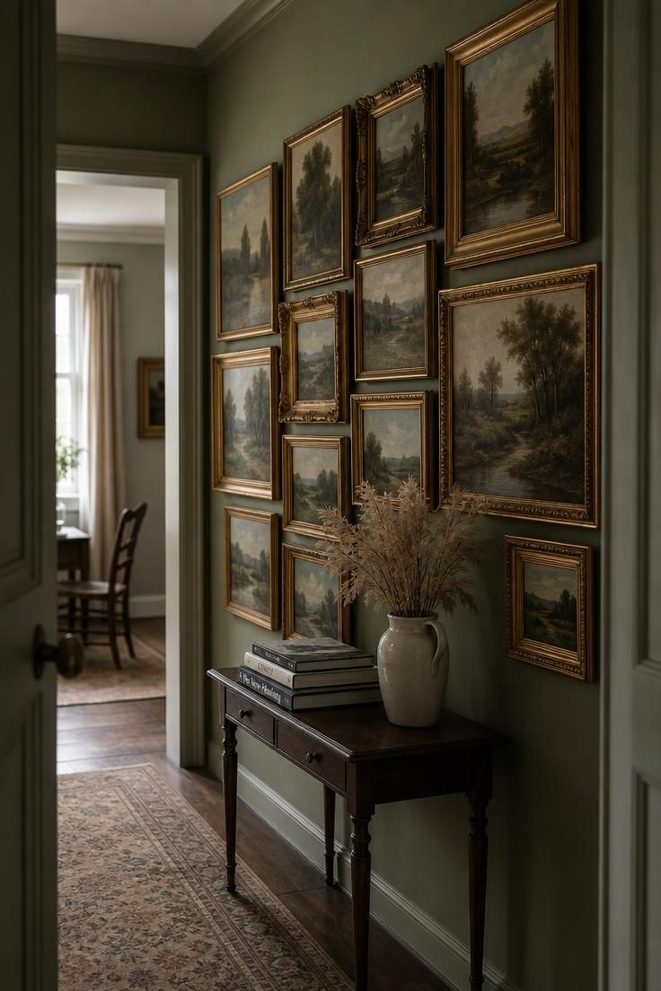 Salon-style gallery wall of thrifted landscape paintings in mismatched gilt frames.