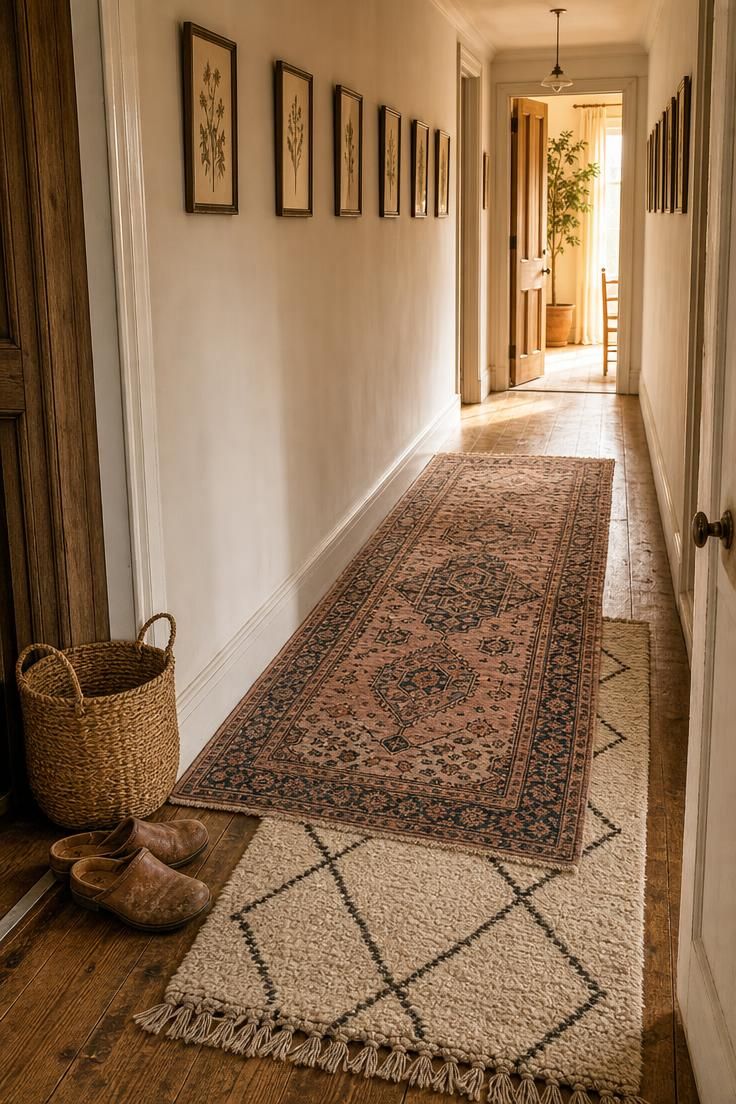 Layered Persian and Berber runners overlapping down a warm wood hallway.