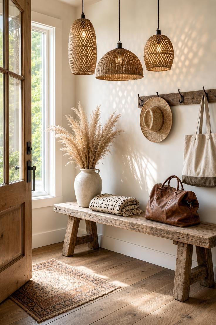 Cluster of three wicker pendants at staggered heights above a reclaimed oak bench.