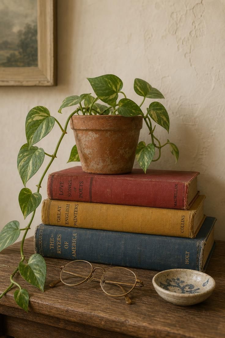 Stacked vintage books used as a plinth for a trailing pothos in a terracotta pot.