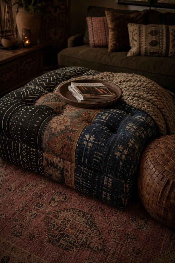 Tufted ottoman upholstered in patchwork global textiles as a living room centerpiece.