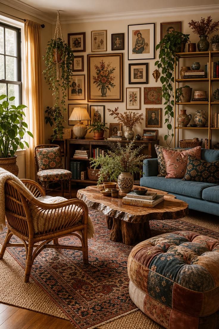 Simple Spaces 16 Cozy eclectic home decor living room with layered rugs, gallery wall, rattan chair, and brass shelving in warm light.