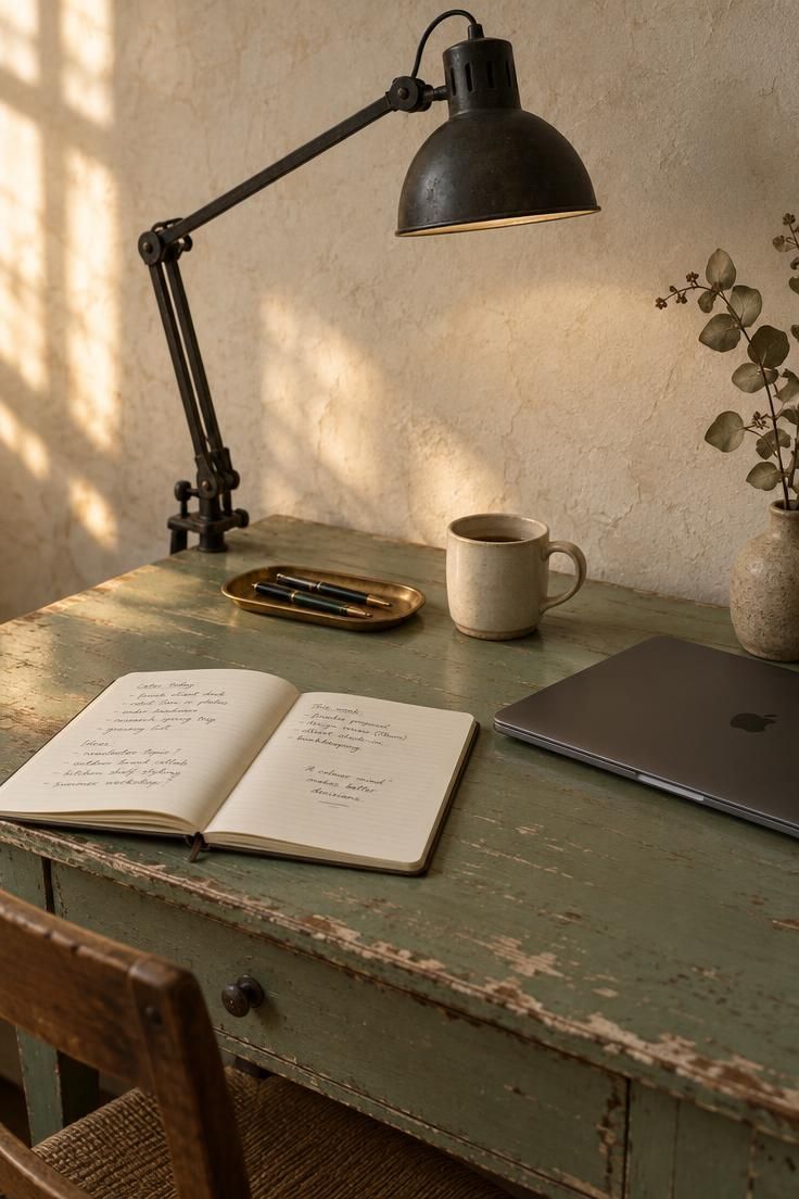 13 Warm Eclectic Home Office Ideas for Historic Rooms 1 A faded sage painted farmhouse desk with a blackened steel task lamp and brass pen tray against a warm plaster wall.