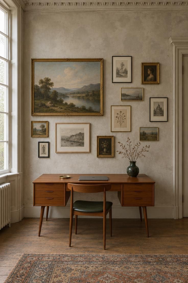 13 Warm Eclectic Home Office Ideas for Historic Rooms 2 A mid-century teak desk beneath a gallery wall of gilt, black, oak, and brass frames anchored by one oversized landscape.