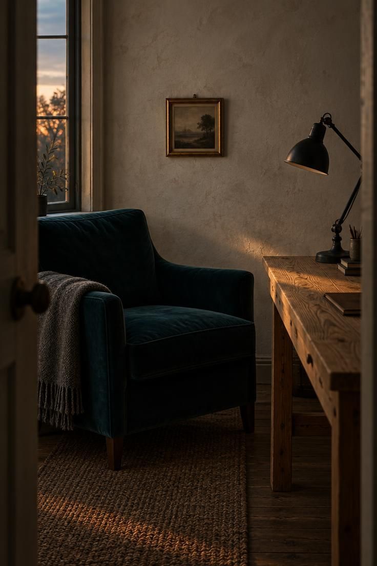 13 Warm Eclectic Home Office Ideas for Historic Rooms 3 A deep teal velvet armchair turned toward a raw pine work table with a black metal lamp in a shadowed historic room.