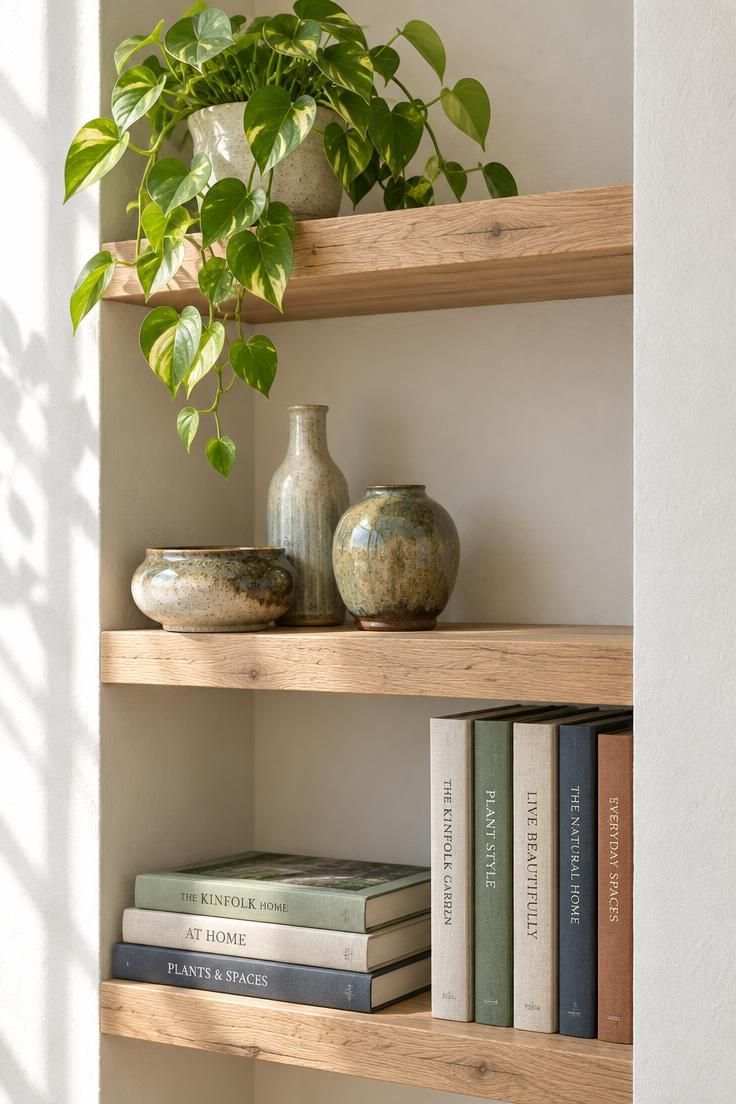13 Warm Eclectic Home Office Ideas for Historic Rooms 4 Raw wood open shelves in a narrow plaster alcove with stacked books, three stoneware vessels, and a trailing plant.