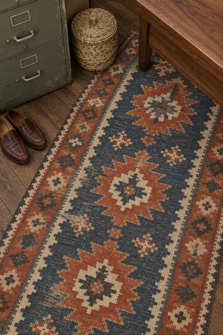 13 Warm Eclectic Home Office Ideas for Historic Rooms 5 An overhead view of a geometric kilim runner beneath a muted green metal filing cabinet and the end of a walnut desk.