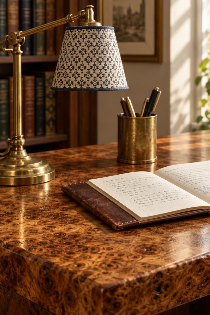 13 Warm Eclectic Home Office Ideas for Historic Rooms 6 A brass pharmacy lamp with a small patterned shade on a burl wood desk beside an open leather notebook.