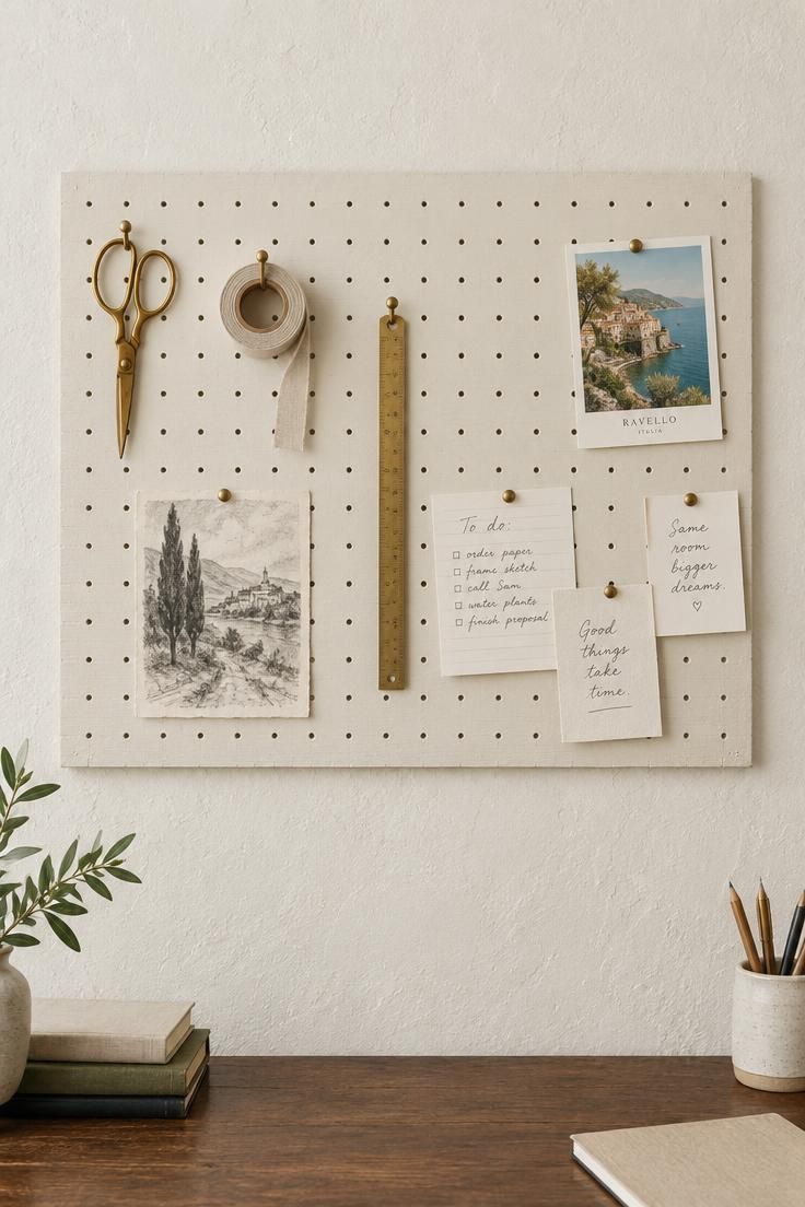 13 Warm Eclectic Home Office Ideas for Historic Rooms 7 A wall-colored pegboard panel above a desk holding notes, a sketch, brass scissors, and a postcard.