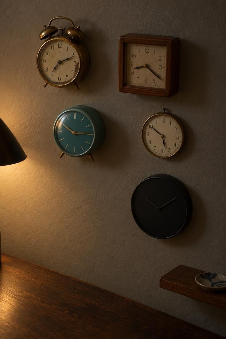 13 Warm Eclectic Home Office Ideas for Historic Rooms 9 Four vintage clocks of mixed materials arranged above a desk beside one modern minimal black clock.