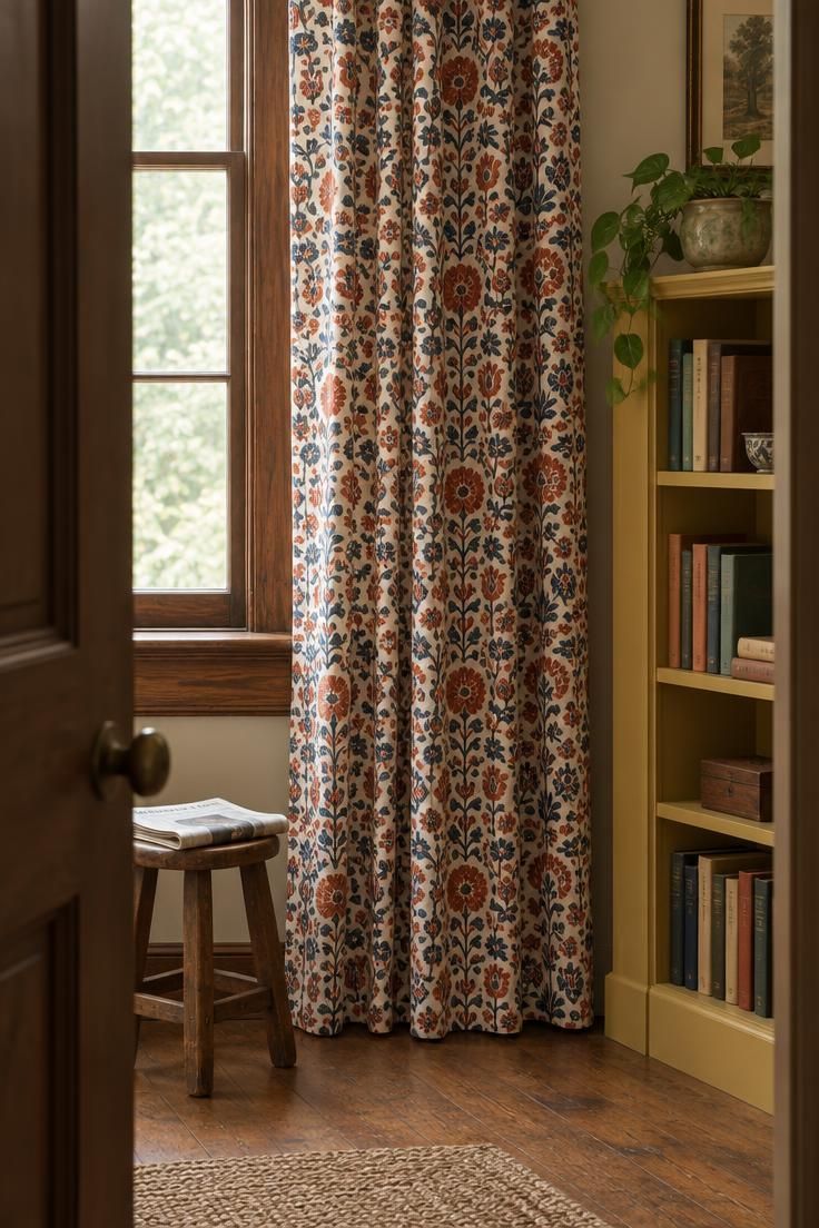 13 Warm Eclectic Home Office Ideas for Historic Rooms 10 A dense block-print curtain in rust and indigo between stained wood trim and a mustard painted bookcase.