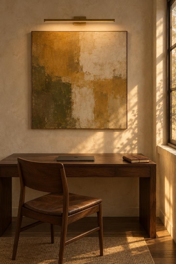 13 Warm Eclectic Home Office Ideas for Historic Rooms 11 A wide walnut desk facing a plaster wall beneath an oversized abstract canvas lit by a long brass picture light.