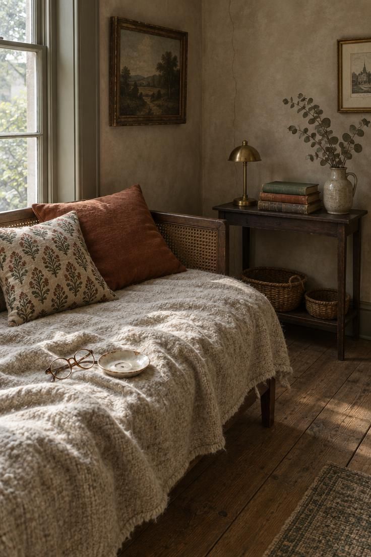 13 Warm Eclectic Home Office Ideas for Historic Rooms 13 Low daybed in a historic office corner with a wool coverlet, mismatched pillows, side table, and woven baskets underneath.