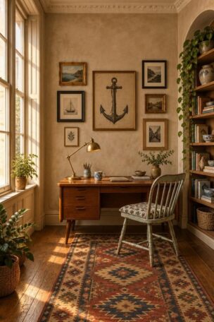 A warm eclectic home office in a historic room with a teak desk, mismatched chair, mixed-frame gallery wall, patterned runner, and open corner shelving.