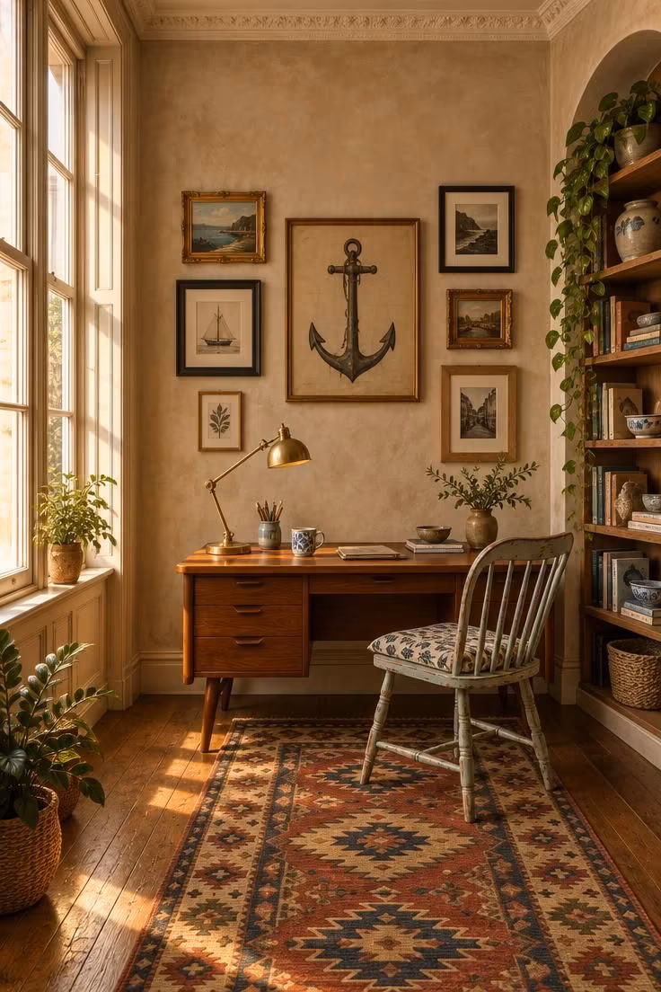 Simple Spaces 19 A warm eclectic home office in a historic room with a teak desk, mismatched chair, mixed-frame gallery wall, patterned runner, and open corner shelving.