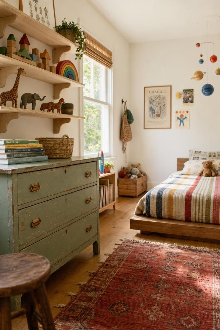 11 Joyful Eclectic Kids Room Ideas for Playful Souls 1 Sage-green vintage dresser below low birch shelves filled with rainbow wooden toys and woven baskets in a bright eclectic kids room.