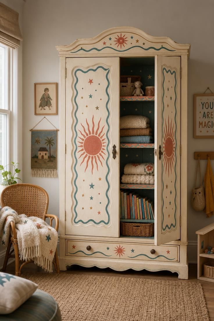 11 Joyful Eclectic Kids Room Ideas for Playful Souls 2 Ivory hand-painted vintage wardrobe with coral sunbursts and teal waves, cane chair beside it in a soft eclectic children's bedroom.