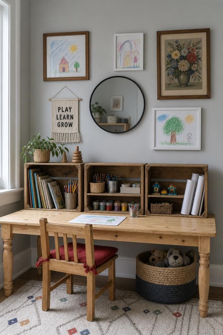 11 Joyful Eclectic Kids Room Ideas for Playful Souls 4 Low pine play table with repurposed wooden crates below a mismatched kids room gallery wall in soft gray room.