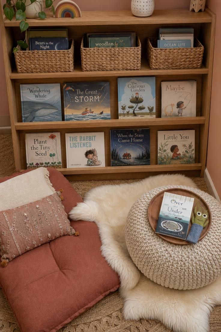 11 Joyful Eclectic Kids Room Ideas for Playful Souls 5 Overhead view of a floor-cushion reading corner with low oak bookshelf and woven baskets in a warm eclectic kids room.
