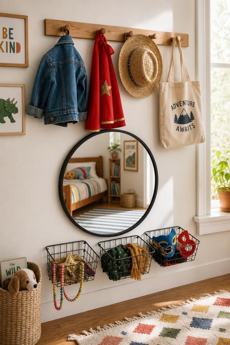 11 Joyful Eclectic Kids Room Ideas for Playful Souls 6 Wooden peg rail with child's dress-up clothes and metal-wire baskets below a round black mirror in a bright kids room.