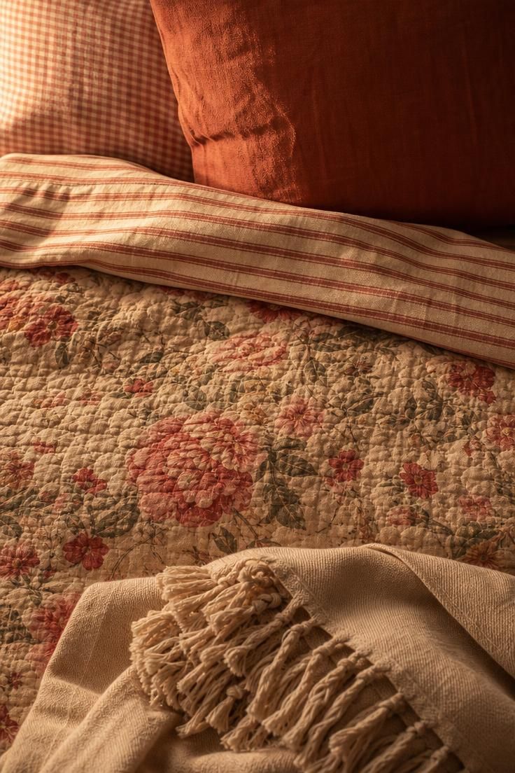 11 Joyful Eclectic Kids Room Ideas for Playful Souls 7 Overhead close-up of layered bed with floral quilt, gingham pillowcase, and rust cushion in warm low light.