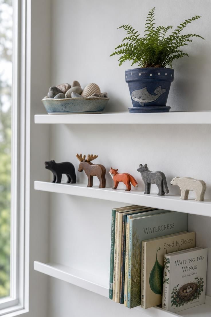 11 Joyful Eclectic Kids Room Ideas for Playful Souls 8 Three white picture ledges with stones, animal figures, books, and a small fern in a cool eclectic kids room.