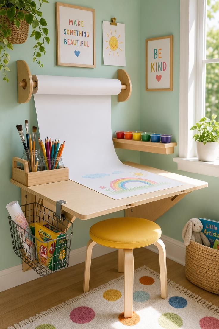 11 Joyful Eclectic Kids Room Ideas for Playful Souls 9 Fold-down birch art desk with wall-mounted paper roll and paint cups against a mint wall in a bright kids room.