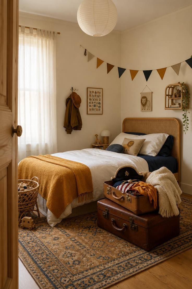 11 Joyful Eclectic Kids Room Ideas for Playful Souls 10 Low floor bed with cane headboard and stacked vintage suitcases in a warm eclectic children's bedroom.