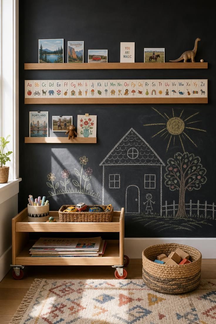 11 Joyful Eclectic Kids Room Ideas for Playful Souls 11 Charcoal chalkboard wall with magnetic display strips and a rolling wooden toy cart in a bright eclectic kids room.