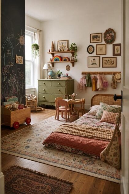 11 Joyful Eclectic Kids Room Ideas for Playful Souls Wide view of a warm eclectic kids room with vintage dresser, layered floor bed, chalkboard wall, and rolling toy cart.