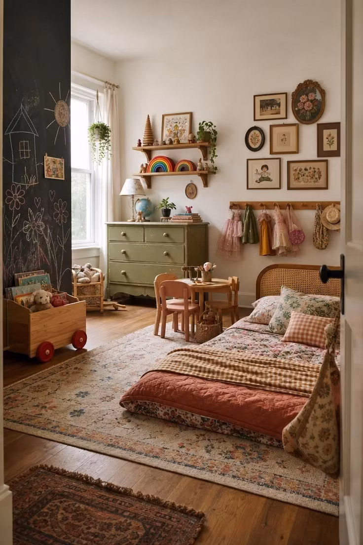 Simple Spaces 20 Wide view of a warm eclectic kids room with vintage dresser, layered floor bed, chalkboard wall, and rolling toy cart.