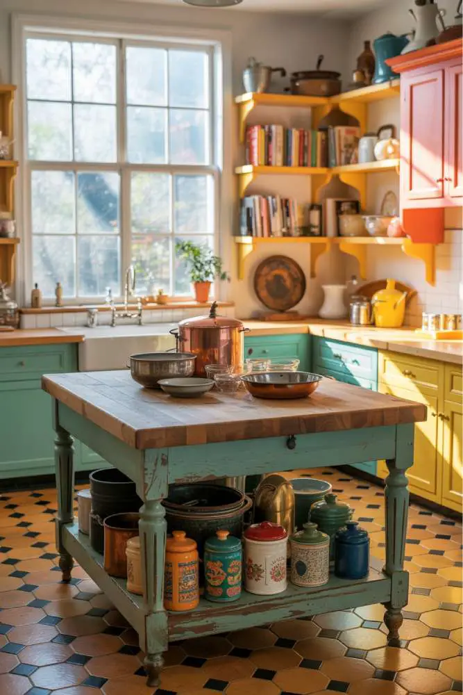 32 Eye-Catching Eclectic Kitchen Design Ideas to Love 1 Vibrant eclectic kitchen with antique butcher block island, vintage mixing bowls, copper pots, and mismatched teal, yellow, and coral cabinetry