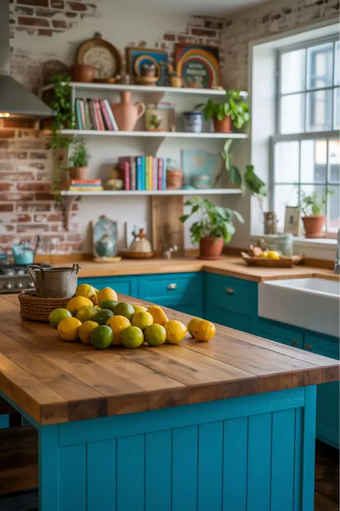 32 Eye-Catching Eclectic Kitchen Design Ideas to Love 2 Bright eclectic kitchen featuring turquoise island with reclaimed wood countertop, colorful citrus fruits, vintage pottery, and brick wall backdrop